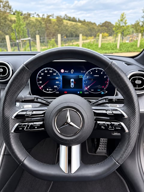 Mercedes-Benz steering wheel and digital dashboard in a car interior with vineyard visible through windshield